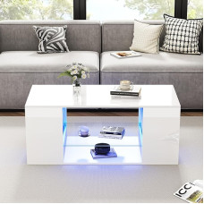 Merax Coffee Table, White, Modern Living Room Table, High Gloss, with 16-Colour LED Lighting, Side Table, Coffee Table with Storage Space, Glass Display Shelf, Side Shelves, 96 x 45 x 45 cm