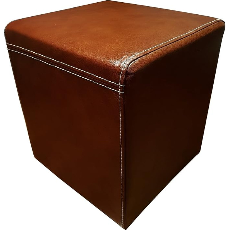 Quattro Meble Antique Brown Genuine Leather Stool 40 x 40 x 45 cm Cowhide Seat Cube Footstool Puff Real Leather with Decorative Stitching