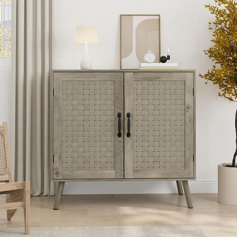Smuxee Wooden Sideboard, Freestanding Buffet Cabinet with 2 PVC Rattan Doors, Storage Cabinet with Adjustable Shelf for Living Room, Entrance, Hallway