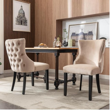 Luxury Beige Velvet Dining Chair with Button Quilting, Four Legged Chair, Solid Wood Frame, Beige (Dining Chair 2pcs)