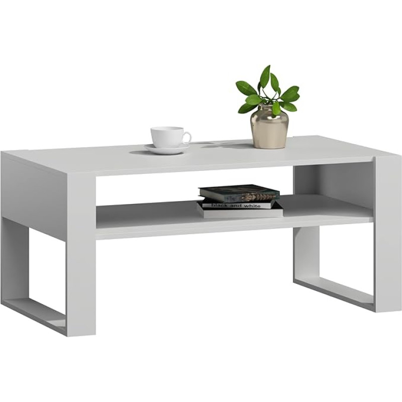 MATKAM KAJA Coffee Table, H50 x W100 x D53.6 cm, Loft Retro, Open Shelf Under Table Top, Blade Legs (White/White)