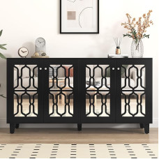 BTM Black Mirrored Sideboard with Cool Crystal Handles, Four Doors, with Movable Laminate, for Living and Dining Room, 160 x 40 x 84 cm