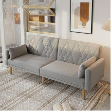 Rtopsu 2-Seater Sofa with Sleep Function, 180 x 75 x 82 cm, Sofa Bed with Adjustable Backrest and Armrests, Small Velvet Fabric Sofa for Living Room, Grey