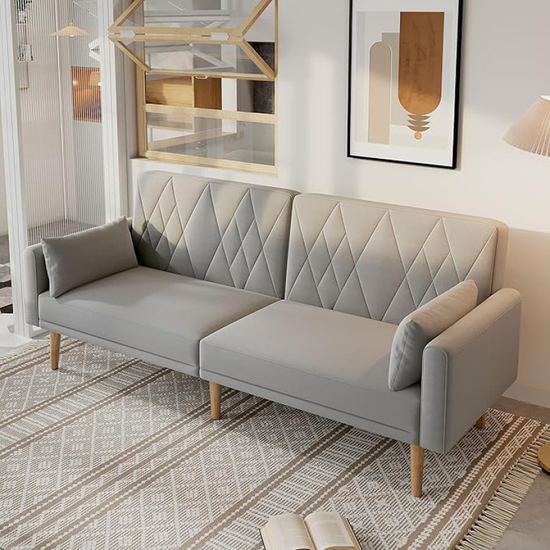 Rtopsu 2-Seater Sofa with Sleep Function, 180 x 75 x 82 cm, Sofa Bed with Adjustable Backrest and Armrests, Small Velvet Fabric Sofa for Living Room, Grey