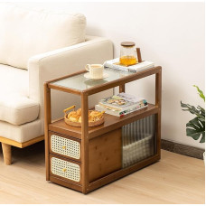 Tiita Rattan Bedside Table Bamboo Accent Bedside Table Glass Coffee Tables Boho Wood Side Table with Storage Space for Small Space, Living Room and Bedroom
