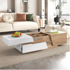 HAINEW Modern Extendable Coffee Table, Rectangular Side Table with Drawers and Storage Space, Colour Block Structure, Coffee Table, Living Room Table, Sofa Table for Living Room, Bedroom, White + Wood