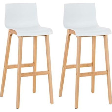 CLP Set of 2 Design Bar Stools with Backrest and Plastic Seat, Bar Stools with Wooden Frame and Footrest, Seat Height 77 cm, Colour: White