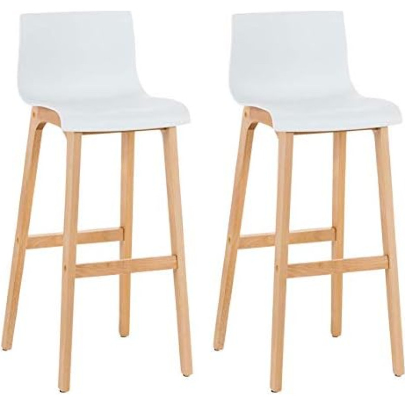CLP Set of 2 Design Bar Stools with Backrest and Plastic Seat, Bar Stools with Wooden Frame and Footrest, Seat Height 77 cm, Colour: White