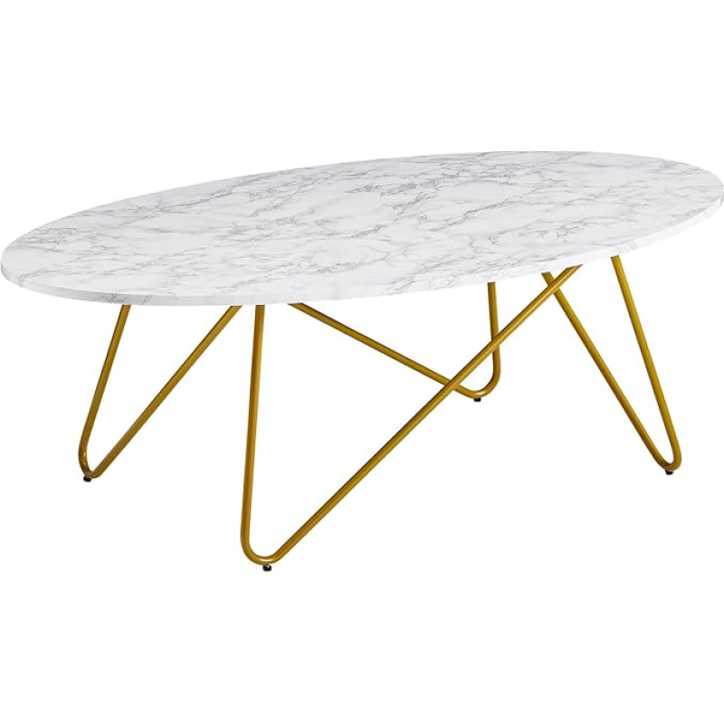 FineBuy White Coffee Table with Marble Look, 120 x 40 x 60 cm, Living Room Table with Metal Frame, Sofa Table, Oval Table, Lounge Table