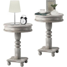 COSIEST Rustic Accent Side Table, Farmhouse Wood Round Side Table for Living Room, Bedroom, Distressed White Washed Grey, Set of 2