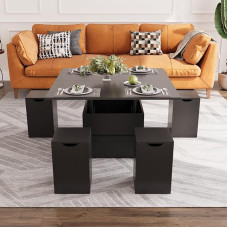 VOWNER Coffee Table Height Adjustable, 4-in-1 Multifunctional Coffee Table Convertible into Living Room Dining Table, Coffee Table with Storage Space, with 4 Stools, Black