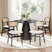 ROCITY Rattan Esszimmerstühle 4er Set Schwarz Leinenstoff Esszimmerstühle Natur Holz Küchenstühle Bauernhaus Boho