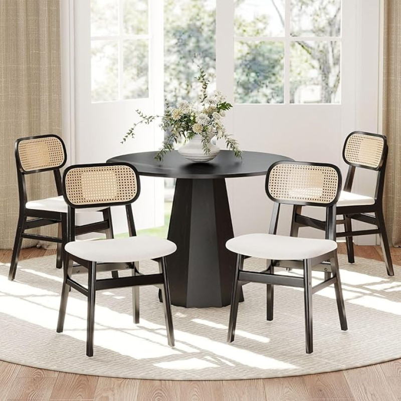 ROCITY Rattan Esszimmerstühle 4er Set Schwarz Leinenstoff Esszimmerstühle Natur Holz Küchenstühle Bauernhaus Boho