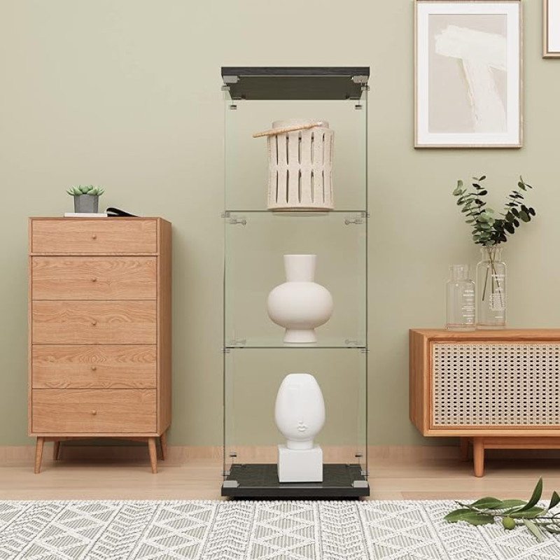 LFT HUIMEI2Y Curio Glass Display Cabinet, 3 Shelves with Door and Lock, Upgraded Quick Installation Style, 5mm Tempered Glass, Floor Standing Bookcase for Bedroom, Living Room, 124.5 x 43.2 x 43.2 x