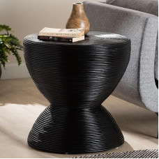 bali & pari Tokyo Laminated Natural Rattan Side Table, Hourglass Accent Table with Modern Sculptural Design, Boho Chic Style for Living Room or Bedroom, Black, 22