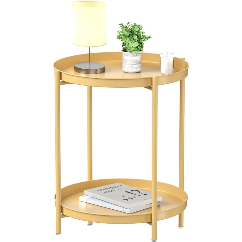 EKNITEY 2 Tier Side Table Metal Side Table Waterproof Small Sofa Coffee Table Bedroom Indoor Outdoor with Removable Tray for Living Room Bedroom Balcony and