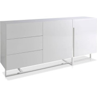 Angel Cerdá Wooden Sideboard, White Gloss Lacquered with Three Drawers and Two Doors, Delay System, Chrome-Plated Steel Legs, Modern Style