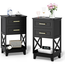 May in Color Black Bedside Table Set of 2, Side Table with 2 Drawers and Open Shelf, Bedside Table with Solid Feet, Modern Bedside Table for Bedroom, Living Room, Home Office