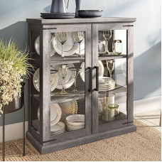 BELLEZE Ashford Storage Cabinet with Shelves and Glass Doors, Glass Display Cabinet, Pantry Organiser, 3 Tiers, Curio Cabinet, Stable Cabinet for Entryway, Living Room, Hallway, Kitchen - Grey