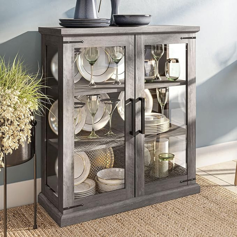 BELLEZE Ashford Storage Cabinet with Shelves and Glass Doors, Glass Display Cabinet, Pantry Organiser, 3 Tiers, Curio Cabinet, Stable Cabinet for Entryway, Living Room, Hallway, Kitchen - Grey