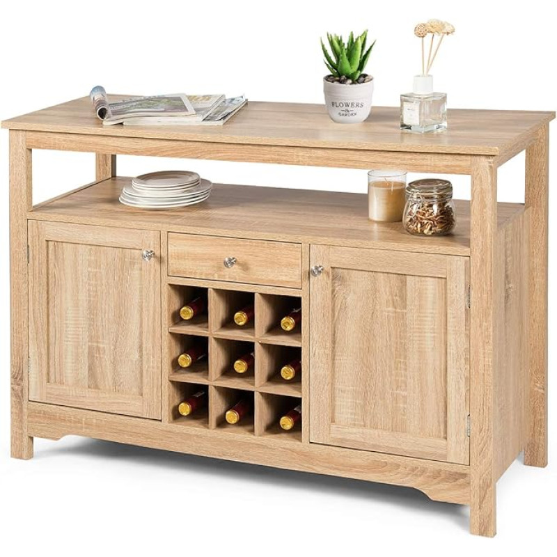 Giantex Buffet Server Sideboard, Console Table, Wooden Dining Table, Cabinet Table with 2 Cabinets, 1 Drawer and 9 Wine Cabinets, Storage Organiser Kitchen and Dining Room (Natural)