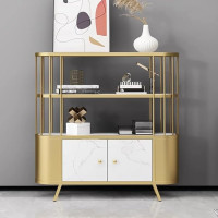 Console Table with 2 Cabinets and 2 Levels of Open Shelf - Living Room, Entrance Area Sideboard with Table Top in Artificial Stone Look, High Legs - Installation Free Sofa Table