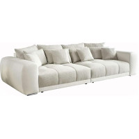 Big Sofa XXL W306/D134/H86 cm, Lounge Couch with High-Quality Spring Padding, Many Cushions, Lying Surface 120 x 240 cm, White Faux Leather Body and Textured Fabric Cover Grey Beige / 15113