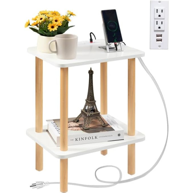 FORAOFUR Side Table with Charging Station, Side Tables with USB Ports and Sockets, Small Side Table for Living Room, Bedroom & Office, Two Tier Slim Side Table, Simple