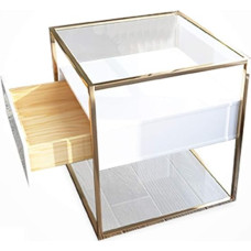 CAFIEDR Coffee Table Nordic Sofa Table Stainless Steel Golden Glass Table Top with Solid Wood Drawer -43cm × 43cm × 54cm