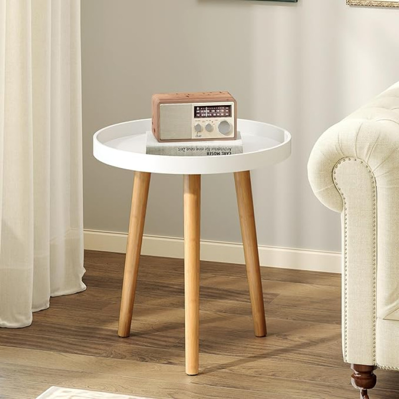 Giantex Round Side Table, Side Table with Wooden Tray, Sturdy Tripod Stand & Premium Metal Connector, Round Sofa Side Table for Living Room, Office, Bedroom, Bedside Table, White (1)