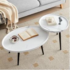 BSTHOK Oval Living Room Table Set, Oval Coffee Table with Metal Legs and Wooden Top, Sofa Side Table for Living Room, Dining Room, Bedroom (White)