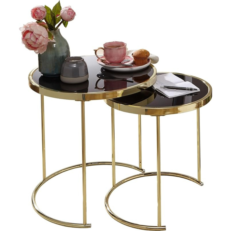 Wohnling Como Design Nesting Table Black/Gold Side Table Metal/Glass Coffee Table Set of 2 Tables, Small Living Room Table, Metal Table with Glass Top, Storage Table Modern