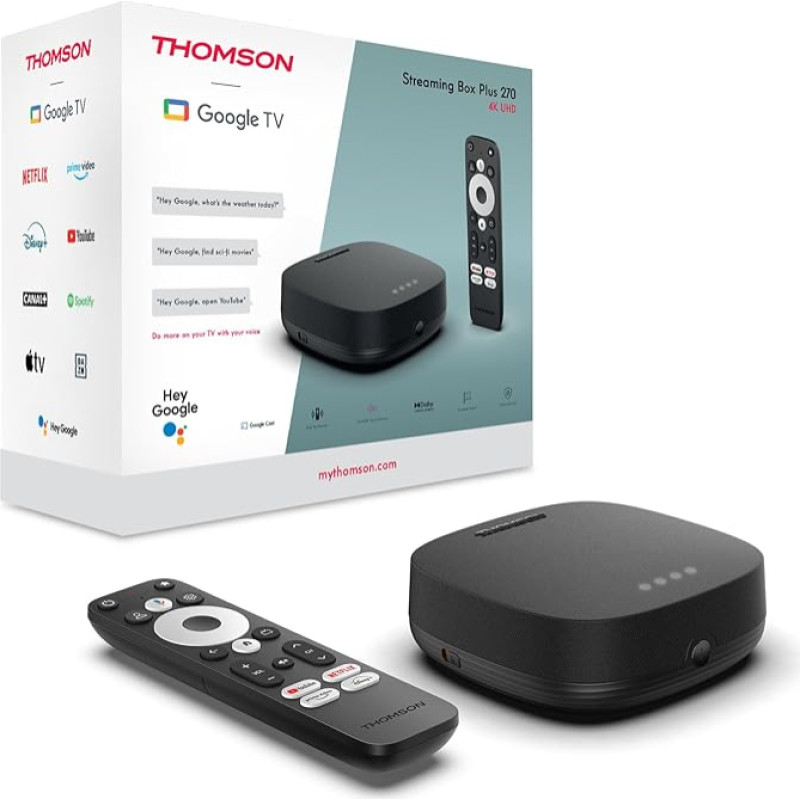 THOMSON Google TV Streaming Box Plus 270, integreeritud kõlar hääljuhtimiseks, Netflix, Disney+, 4K UHD, striimimine WiFi kaudu, Google Cast, 32 GB mälu