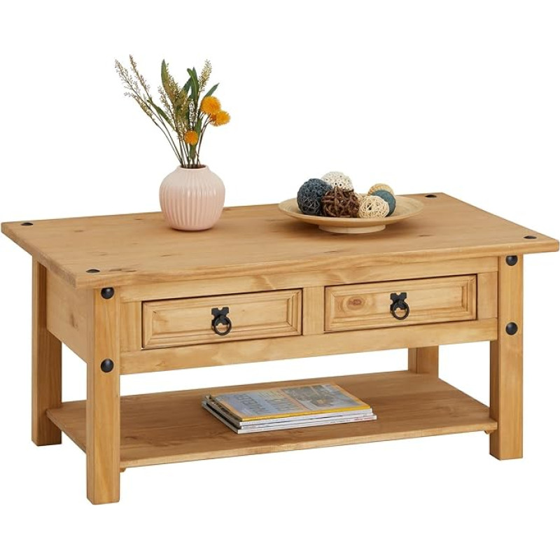 CARO-Möbel Idimex Salsa Coffee Table, Solid Pine Wood, Two Drawers and Shelf, Natural