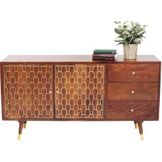 Kare Sideboard Nutmeg, Brown, Chest of Drawers, 3 Drawers, 2 Doors, Golden Accents, Handmade, Retro Sideboard, 75 x 145 x 45 cm (H x W x D)