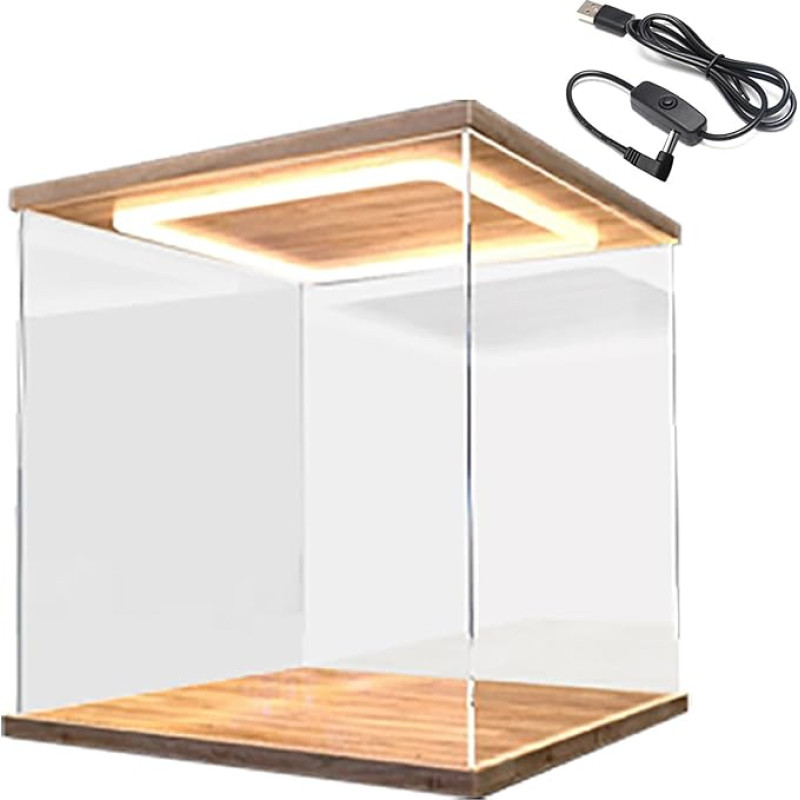 Acrylic Display Case, Illuminated Transparent Acrylic Display Case, Storage Box for Worktop with Wood-Plastic Base, 10 15 20 25 30 35 40 50 60 cm Long Collection Cabinet (35 x 35 x 60 cm / 14 x 14 x