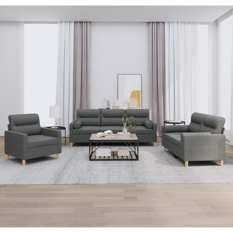 Juroupi 3-TLG. Sofagarnitur mit Kissen Sofa Wohnzimmer Sitzgruppe Wohnzimmer Sofa Set Sofas FüR Wohnzimmer Dunkelgrau Stoff - 3201553