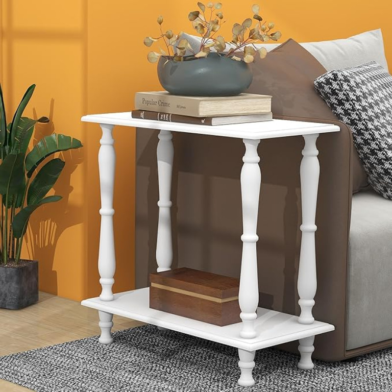 TaoHFE White Narrow Side Table Wooden Vintage Side Tables Living Room French Style 24 Inch Sofa Side Table with Open Shelf 2-Tier Retro Bedside Table for Bedroom Living Room