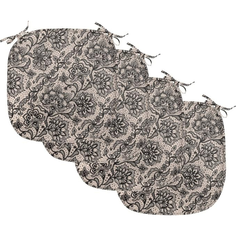 ABAKUHAUS Gothic Dining Chair Upholstery, Floral Butterflies Lace, Decorative Waterproof Cushion with Straps for Kitchen Seats, 40cm x 40cm, Pack of 4, Tan Black