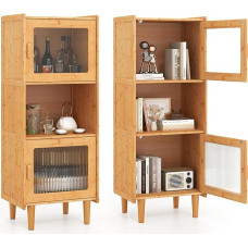 COSTWAY Bamboo Kitchen Cabinet, 3-Tier Buffet Cabinet with 2 Acrylic Doors & Open Compartment, Display Cabinet Freestanding, Storage Cabinet for Kitchen, Living Room, Natural, 49.5 x 40 x 130 cm