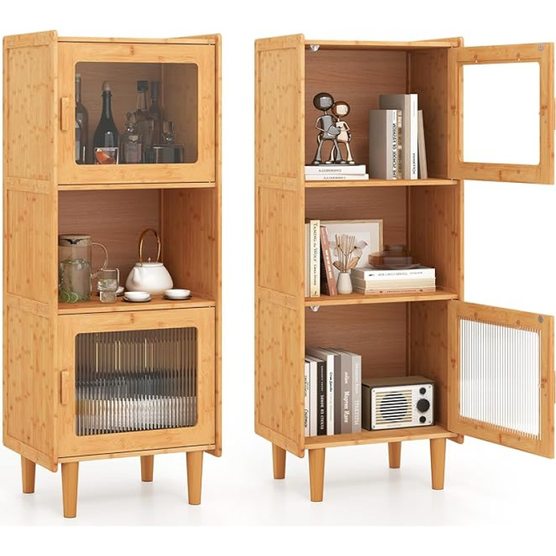 COSTWAY Bamboo Kitchen Cabinet, 3-Tier Buffet Cabinet with 2 Acrylic Doors & Open Compartment, Display Cabinet Freestanding, Storage Cabinet for Kitchen, Living Room, Natural, 49.5 x 40 x 130 cm