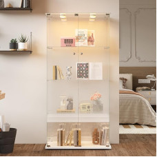 Henunem Vitrine, Vitrine, Glasvitrine, 163 x 80 x 35 cm, 4 Schichten mit LED, 2 Türen und Schloss, moderner Sammlerschrank aus Glas, stehend, für Wohnzimmer, Schlafzimmer, Büro