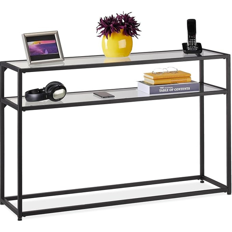 Relaxdays Console Table, 2 Shelves, Narrow Entrance Table, Hallway & Living Room, Metal, Glass, HBT: 70 x 110 x 30 cm, Black