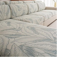 BHCCY Waschbarer Sofabezug mit Blattdruck, tier- und kinderfreundlich, Stretch-Schonbezug für 3/4-Kissen, L-förmige Sofas, rutschfester Schutz (Hellgrau, 3 Stück + 1 Chaise)