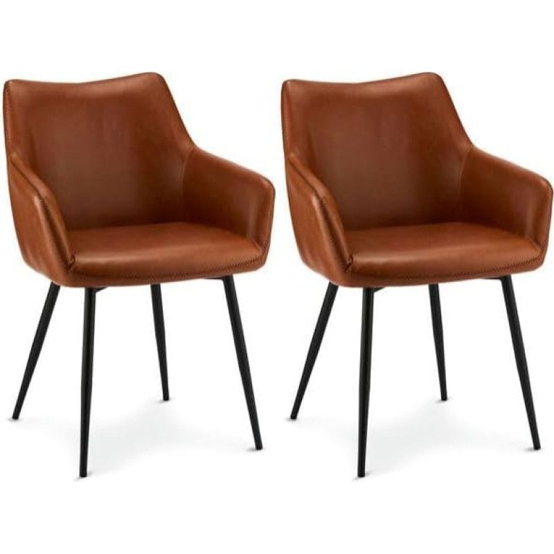 Furnhouse Maria Dining Room Chairs with Armrests Set of 2 Cognac Brown - Faux Leather Light Brown, Scandinavian & Industrial Design, Metal Frame, Padded & Modern