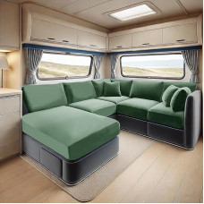 Samt-Stretch-Kissenbezug für Dinette für U-förmige Wohnmobile Kabine – Rutschfeste separate Abdeckungen mit Bändern, Möbelabdeckungen für Wohnmobile(Avocado,L 26-37 in W 37-53 in)