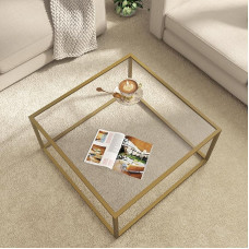 SAYGOER Gold Modern Coffee Table, Square Glass Table with Metal Frame, Minimalist Coffee Table for Living Room, Living Room, Office, Home, 68 x 68 x 40 cm, Easy Assembly, Gold