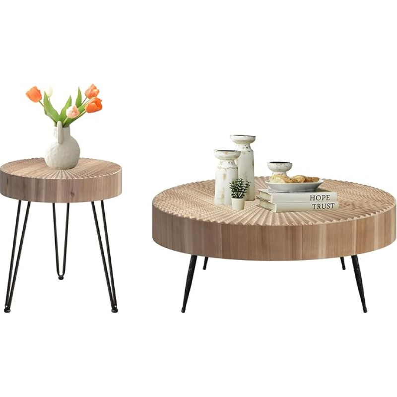 Living Room Table, Round, Wood, Pine, Light Brown, Round Table, Industrial Style with Black Metal Frame, Side Table, Coffee Table, High for Office, Living Room (Set of 2, Radial, Diameter 80 x 36 cm +
