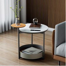 Artloge Side Table Round Marble + Leather with Storage Space Orange + White 54 x 44 x 57.5 cm