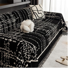 RUILBJ Black White Lines Large Sofa Cover Simple Chenille Blanket with Fringes Blanket Armchair Cover Duvet 1 2 3 4 Seater Sofa Cover Anti-Scratch Sofa Blanket (Black, 180 x 300 cm)